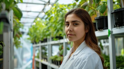 Hispanic female scientist inspecting an hydroponic vertical urban farm. Renewable agriculture. Horizontal photography (16:9)
