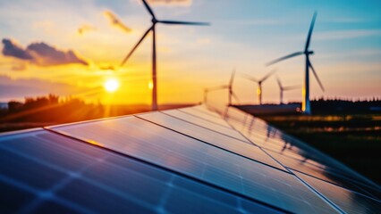 Fototapeta premium solar panels and wind turbines, hybrid renewable energy systems at sunset