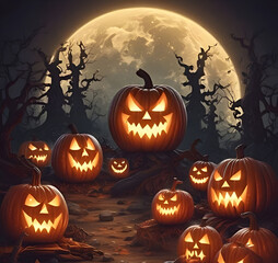 Eerie Halloween night scene featuring glowing carved pumpkins with sinister faces in the darkness.