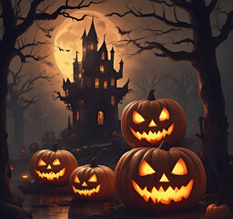 Eerie Halloween night scene featuring glowing carved pumpkins with sinister faces in the darkness.