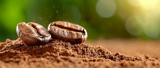 Close-up of coffee beans resting on rich, aromatic coffee grounds, capturing the essence of fresh coffee preparation.