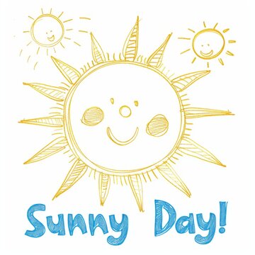 Childlike scribble of a cheerful sun, simple lines, text "Sunny Day!"