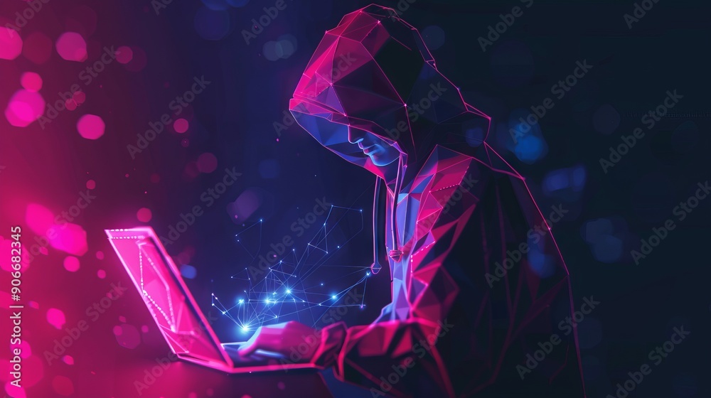 Poster abstract polygonal hacker with laptop on technology dark background. cyber attack and cyber security
