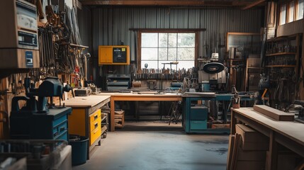 Naklejka premium well-organized workshop with various tools and machines showcasing the dedication and skill of craftsmen