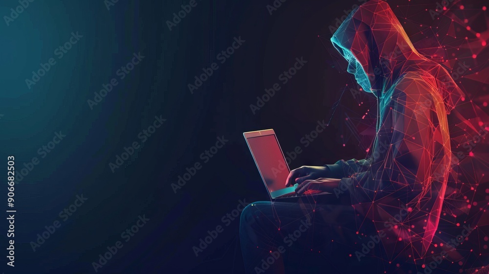 Poster abstract polygonal hacker with laptop on technology dark background. cyber attack and cyber security