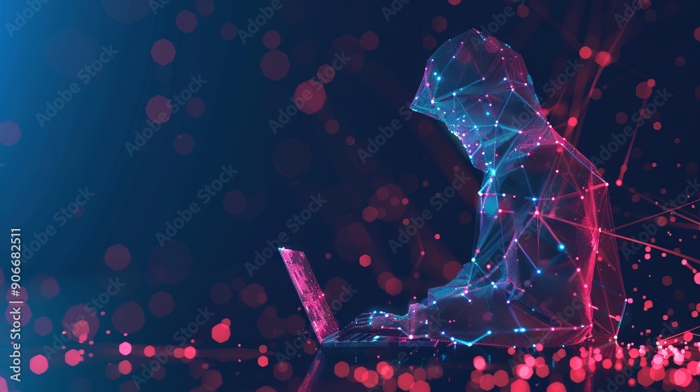 Poster abstract polygonal hacker with laptop on technology dark background. cyber attack and cyber security
