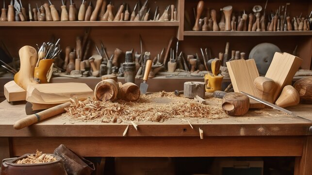 workbench with woodworking tools, wood shavings, and unfinished projects, emphasizing craftsmanship and manual labor
