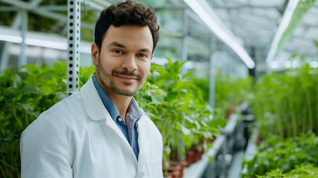 Hispanic male scientist inspecting an hydroponic vertical urban farm. Renewable agriculture. Horizontal photography (16:9) with copy space