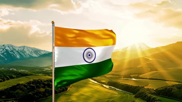 Motion of Indian national flag waving on the sky with beautiful landscape on sunrise. Independence Day and Republic day of India. Labour Day. Maharashtra Day. Election in India. Patriotic background