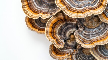 Close-up of organic turkey tail mushrooms with detailed striations and vibrant colors, set on a white background.