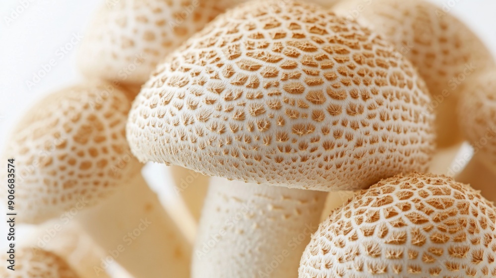 Poster close-up of the caps and stems of matsutake mushrooms, showing their natural patterns on a white bac