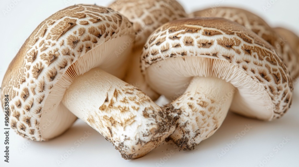 Poster close-up of the caps and stems of matsutake mushrooms, showing their natural patterns on a white bac