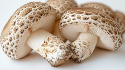 Close-up of the caps and stems of Matsutake mushrooms, showing their natural patterns on a white background.