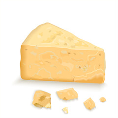 A slice of Parmesan cheese, triangular piece hard cheese. Dairy and cheese products. Hard cheese pecorino. Realistic vector illustration isolated on white background