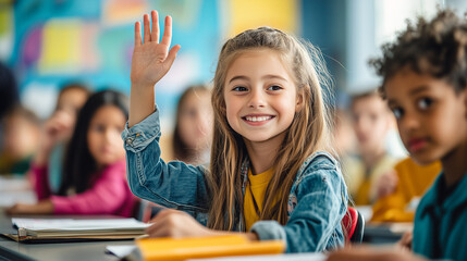 Enthusiastic young girl in a classroom raises her hand eagerly to answer a question, surrounded by diverse classmates in a lively learning environment.