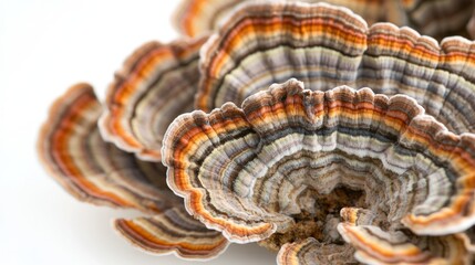 Close-up of the edges of turkey tail mushrooms, highlighting their wavy and colorful patterns on a white background.