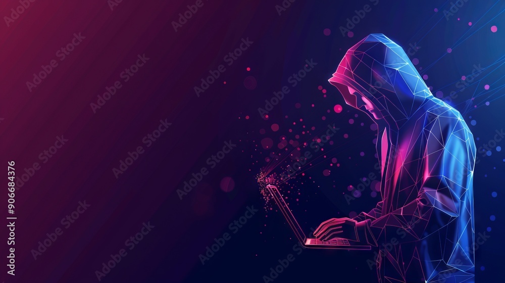 Poster abstract polygonal hacker with laptop on technology dark background. cyber attack and cyber security
