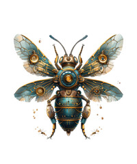 Fototapeta premium A blue and gold insect with a mechanical design. The insect has a large, metallic head and is surrounded by smaller, mechanical parts. Scene is futuristic and industrial