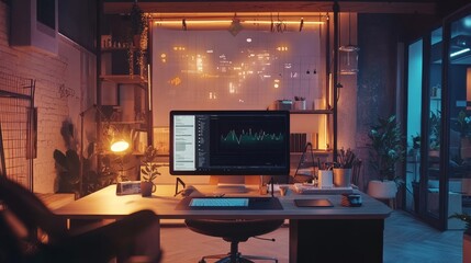 Modern Content Creation Workspace with Digital SEO Graph and Stylish Lighting.