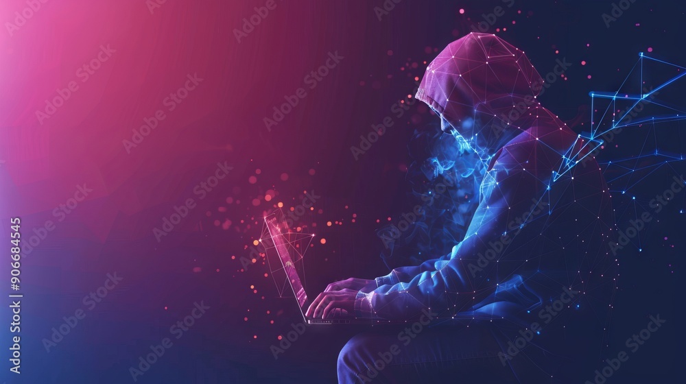 Poster abstract polygonal hacker with laptop on technology dark background. cyber attack and cyber security