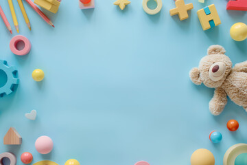 Baby kids toys background frame. Colorful wooden educational toys, colored pencils and fluffy teddy bear on light blue background. Top view, flat lay, copy space