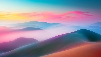 Colourful opalizing flatlay background with soft wavy shapes of a blurred mountain landscape. 