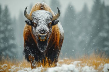 Majestic Bison Walking Up Snowy Hillside in Winter