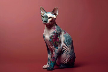 Glamorous hairless Sphynx cat with tattoos on its body sitting on muted red background with copy space.