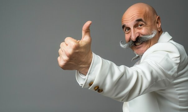 Funny bald man in white suit with handlebar mustache. Free copy space for text.