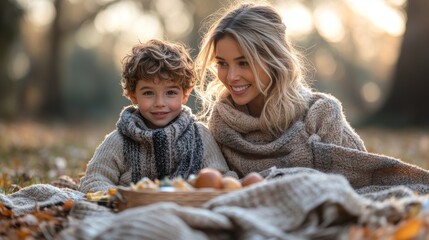 Family Picnic Bliss: Mother and Sons Enjoying Time in the Park