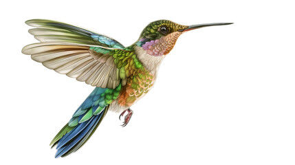Fototapeta premium A colorful hummingbird is flying in the air isolated on a transparent background