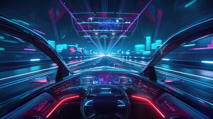 Driver's perspective from a high-tech car navigating through a futuristic city.