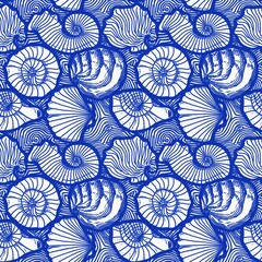 Azure blue white shell motif with linen seamless batik background, Modern coastal beach cottage rustic shell block print home decor pattern design in sealife beach style.