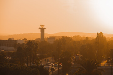 sunset over the city Nice airport