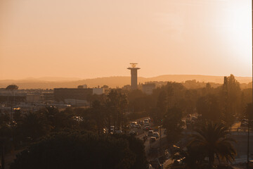 sunset over Nice airport tower