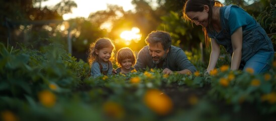 Fototapeta premium Family Garden Joy: Siblings Playing with Mother and Father