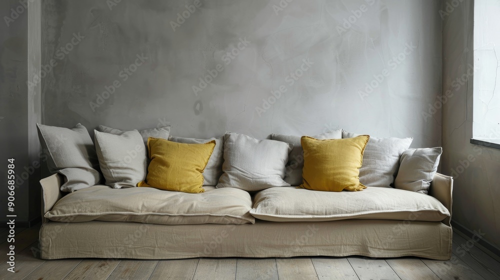 Poster Backless sofa with khaki and yellow pillows empty space