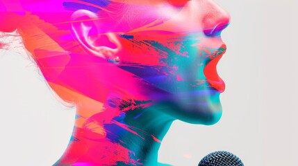 Vibrant image of a vocal coach with a microphone, blended with abstract art elements, double exposure technique