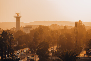 sunset over Nice airport tower