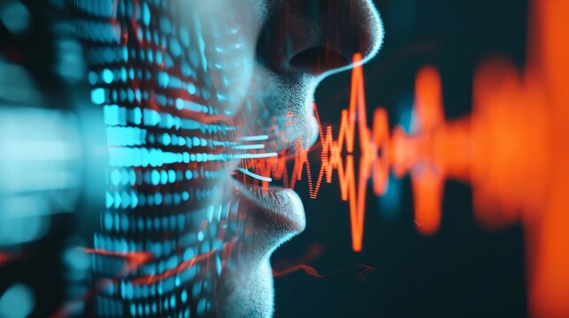Abstract image of a sound technician using microphones, double exposure with dynamic audio waveforms
