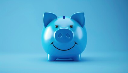 Fototapeta premium Blue pig piggy bank on a blue background smiling with space for your text