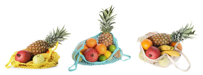 Set of different string bags with fruits isolated on white