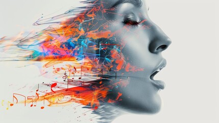 Voice actor's expressive face, double exposure with abstract musical notes, vibrant and energetic, symbolizing vocal performance