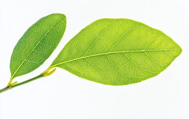 Obraz premium Close-up view of vibrant green leaves against a clean white background, showcasing rich texture and natural beauty.