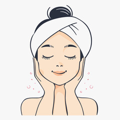 Girl washing face with water. Skin cleansing, beauty treatments, skin washing and moisturizing. Cosmetic skin care procedure icon. Vector