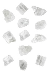 Sea salt crystals in air on white background