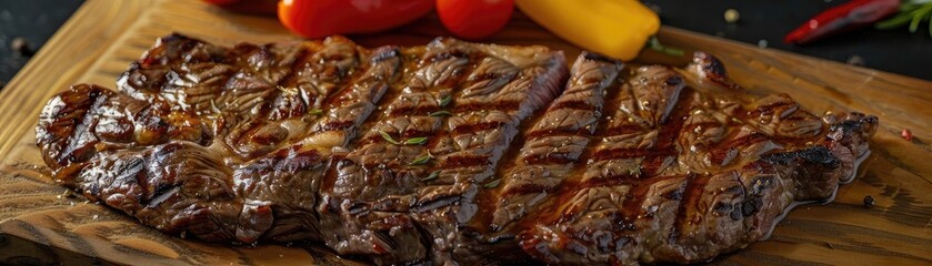 Juicy grilled steak on a wooden cutting board, accompanied by fresh vegetables, perfect for a delicious meal setting.