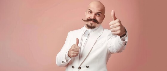 Naklejka premium Smiling bald man in white suit with handlebar mustache. Free copy space for text.
