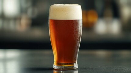 Detailed shot of a pint glass filled with amber beer and a thick, foamy head.