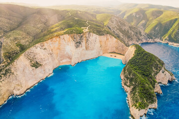 Zakynthos, Greece. Navagio Beach with sjipwreck in Ionian Sea. Beautiful views of azure sea water...